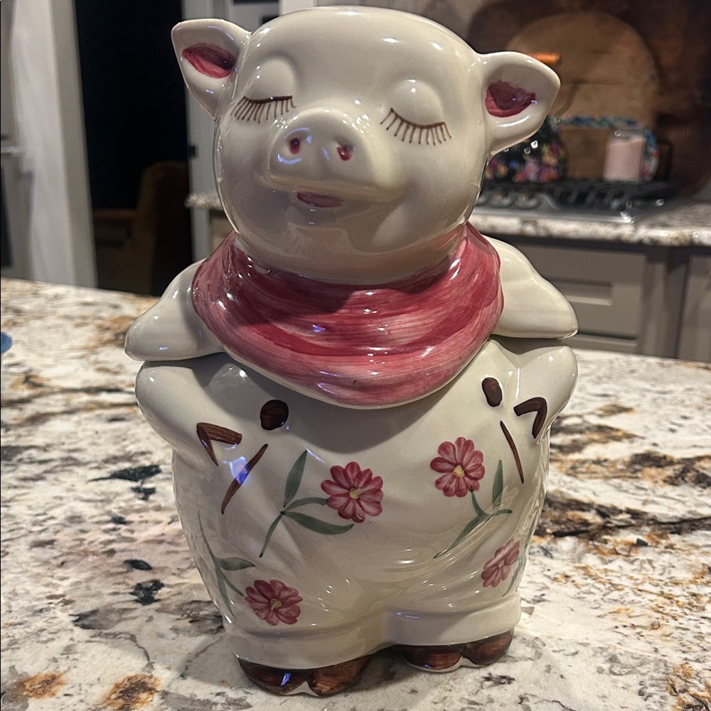 Shawnee Vintage Ceramic Pig Cookie Jar with Pink Scarf and Floral Detail
